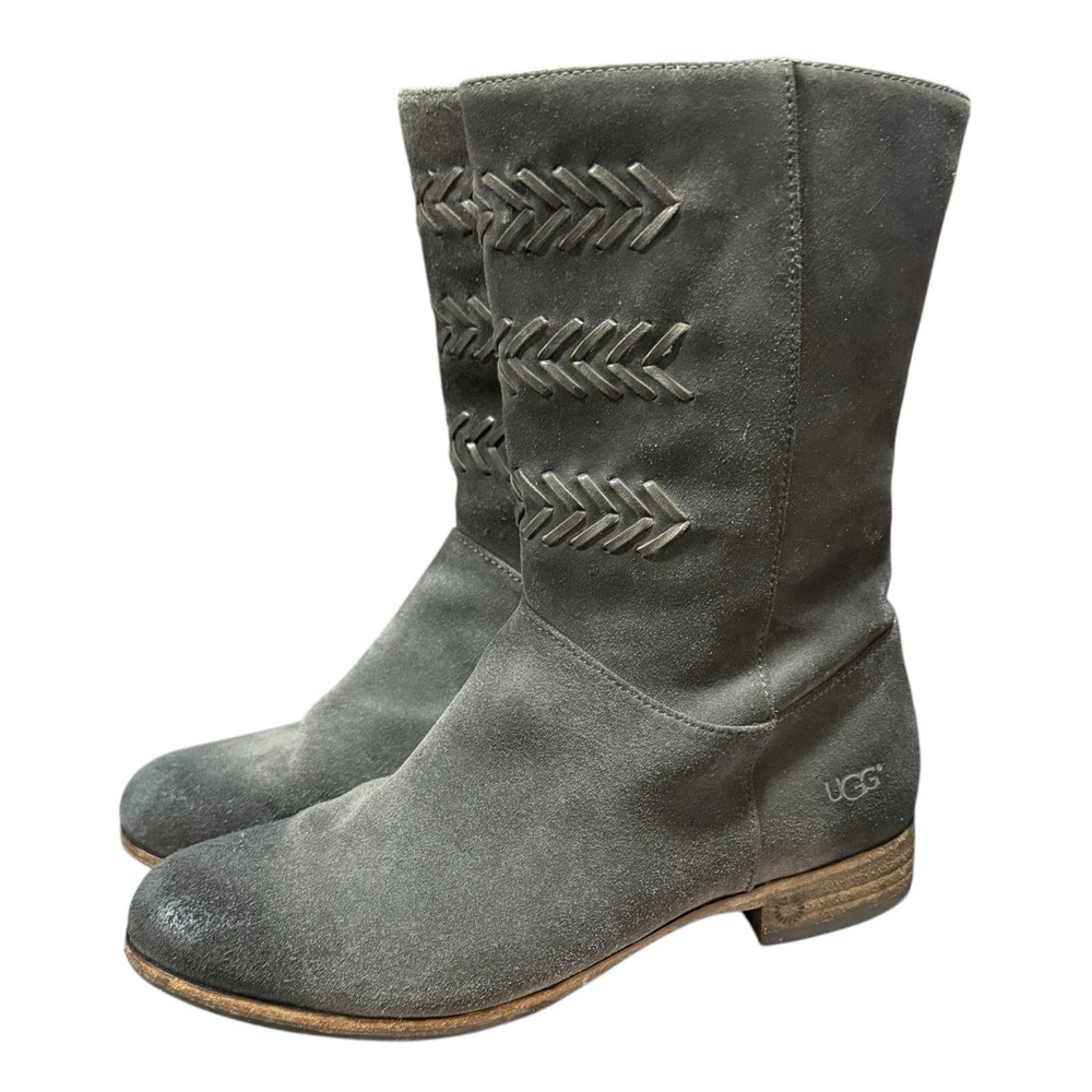 UGG Australia Ellee 3182 Dark Grey Suede Sheepskin Woven Boots Womens 7.5